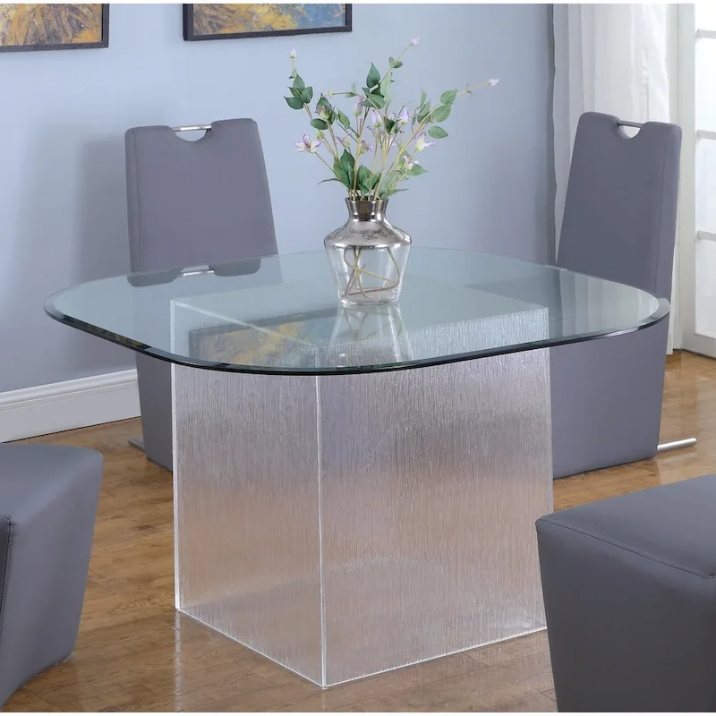Somette Valor 5-Piece Surfboard Glass Dining Set with Grey Fully Upholstered Chairs