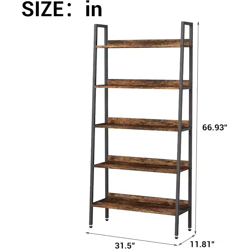 Tall Bookshelf, 5-Tier Bookcase with Open Shelves, Farmhouse Wood Storage Rack with Adjustable Feet, Metal Frame Book Shelf Organizer for Bedroom