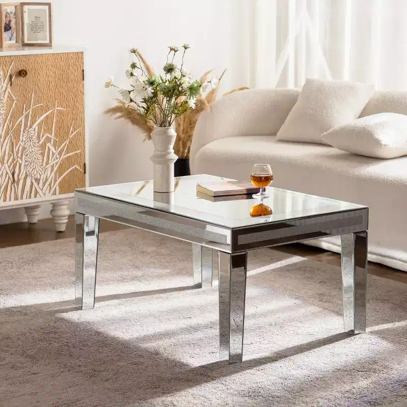 Modern Rectangle Coffee Table with Glass Mirror Top, Mirrored Finish Center Table for Living Room or Apartment - Panipeachy