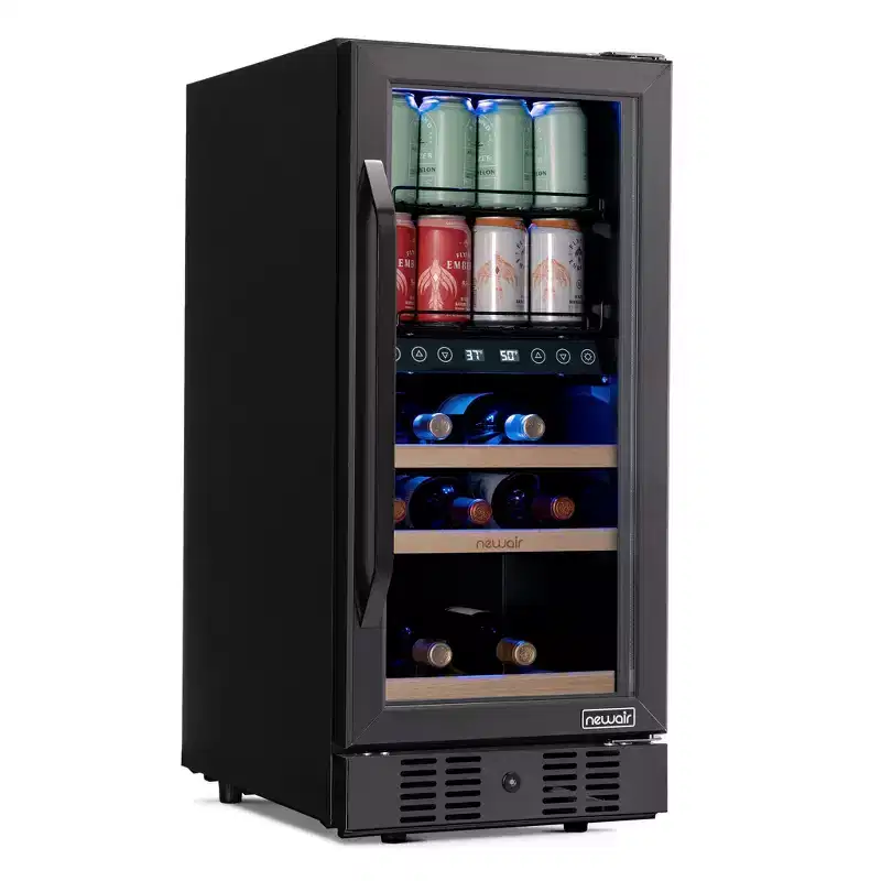 Newair 48-Can, 13-Bottle Built-in Dual Zone Black Beverage Fridge - 15