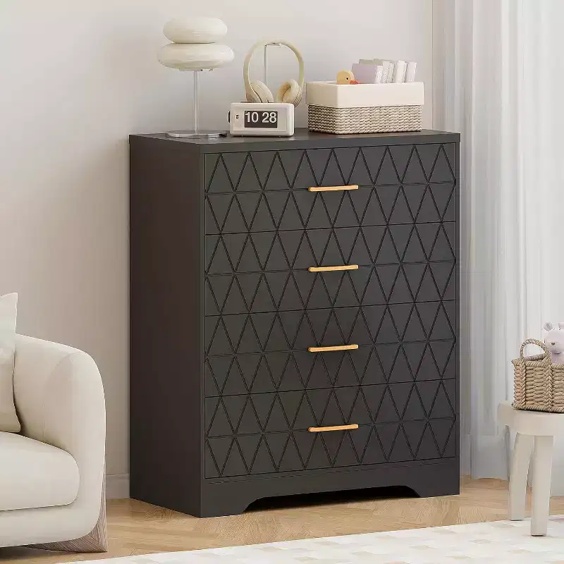 Tall Dresser for Bedroom Closet with 4 Drawers, Wood Chest of Drawers with Gold Handles