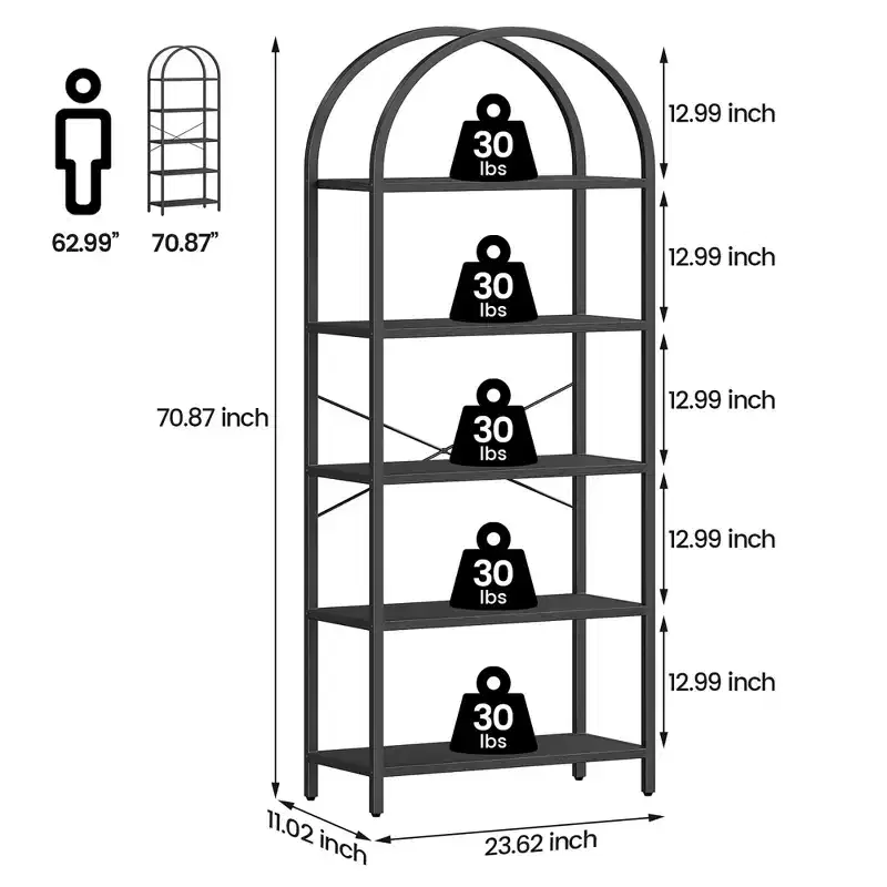 Bookshelf 5 Tier Bookcase Arched Display Racks Tall Standing Bookshelves Metal Frame Open Storage Rack Shelf Large Black Book Shelf for Bedroom