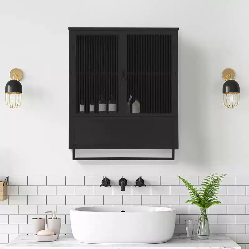 Modern Black Wall Cabinet with Glass Doors, Open Shelf, Towel Rack & 2-Tier Storage for Living Room, Dining Room, or Bathroom