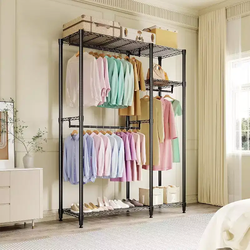Heavy Duty Clothes Rack - Freestanding Closet Organizer w/ 4 Rods & Adjustable Shelves