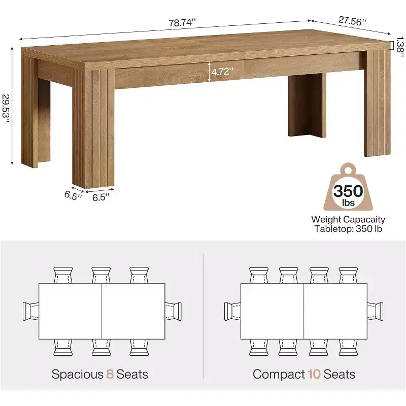 Lantine 78.7-Inch Large Dining Table for 6-8, Rectangle Farmhouse Kitchen Table with Heavy Duty Legs for Kitchen & Dining & Living Room (Natural)
