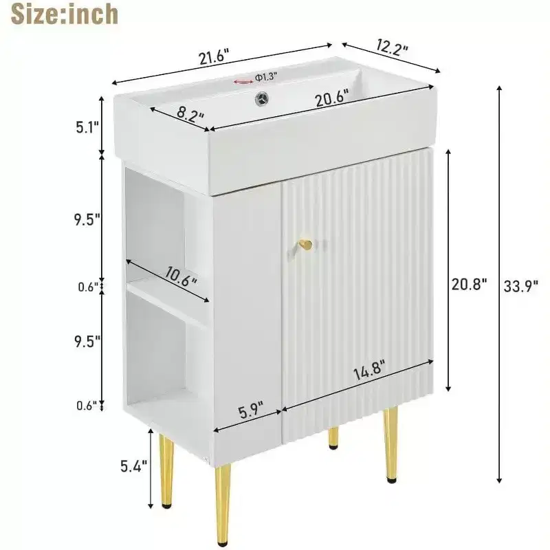 21.6 White Ceramic + MDF Bathroom Vanity with Single Sink & Side Storage | Bathroom Storage Cabinet