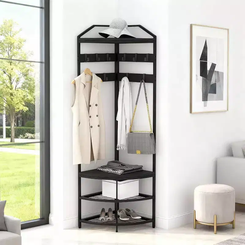 Black Corner Coat Rack – 4-Tier Shelves & 6 Hooks, Single User