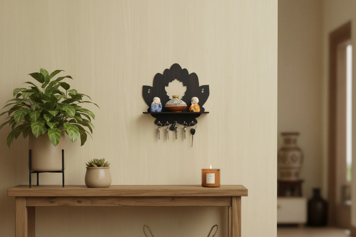 Wooden Lotus Shape Key Holder with Wall Shelf, Key Holder with 5 Keys Hooks (Wood Color) Key Holder for HomeOffice Decor (Brown Color)