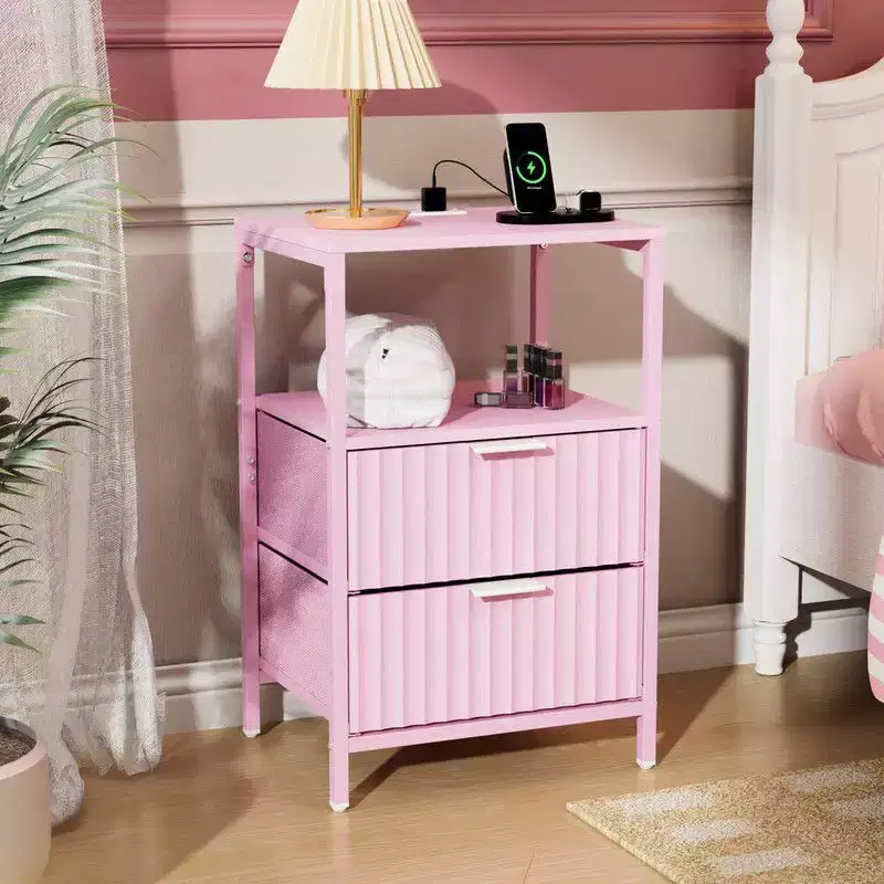 Karl Home 15 Inches Wide Nightstand - 2 Drawers, 1 Shelf, US Power Outlet - set of 2