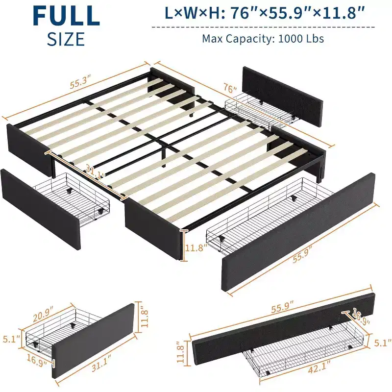 Bed Frame with 3 Storage Drawers, Fabric Upholstered Platform Bed, Wooden Slats Support, No Box Spring Needed, Noise Free, Easy Assembly, Grey