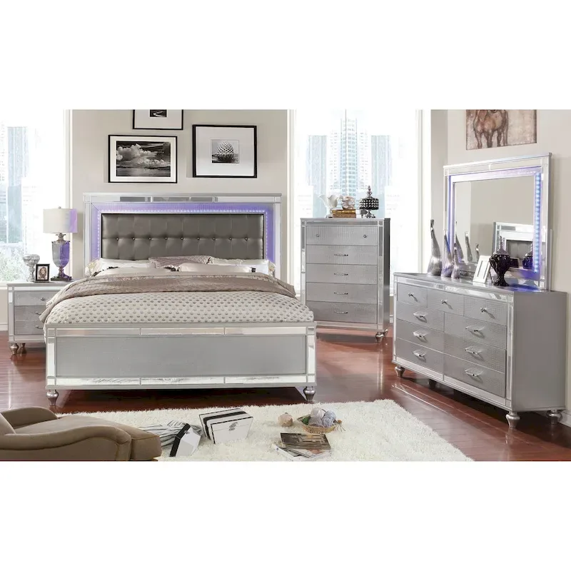 Derc Modern Solid Wood Upholstered Tufted Panel Bed with LED by Furniture of America