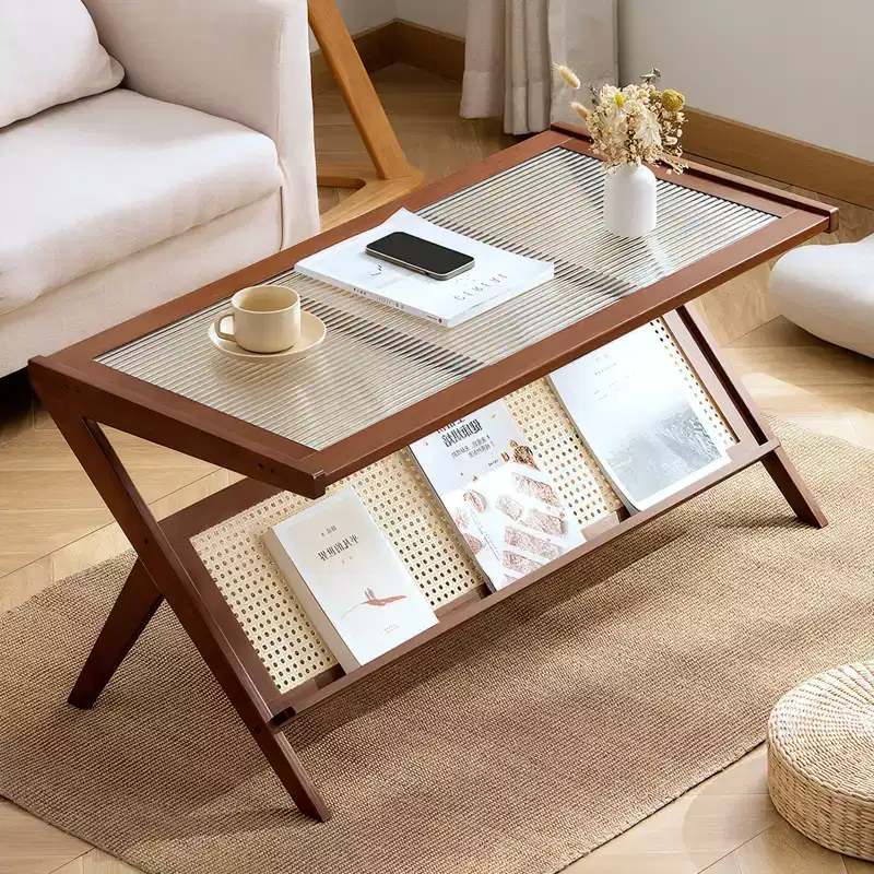 GDFStudio Gnar Mid-Century Modern 39.4 Wood Coffee Tables with Glass Top and Rattan Shelf