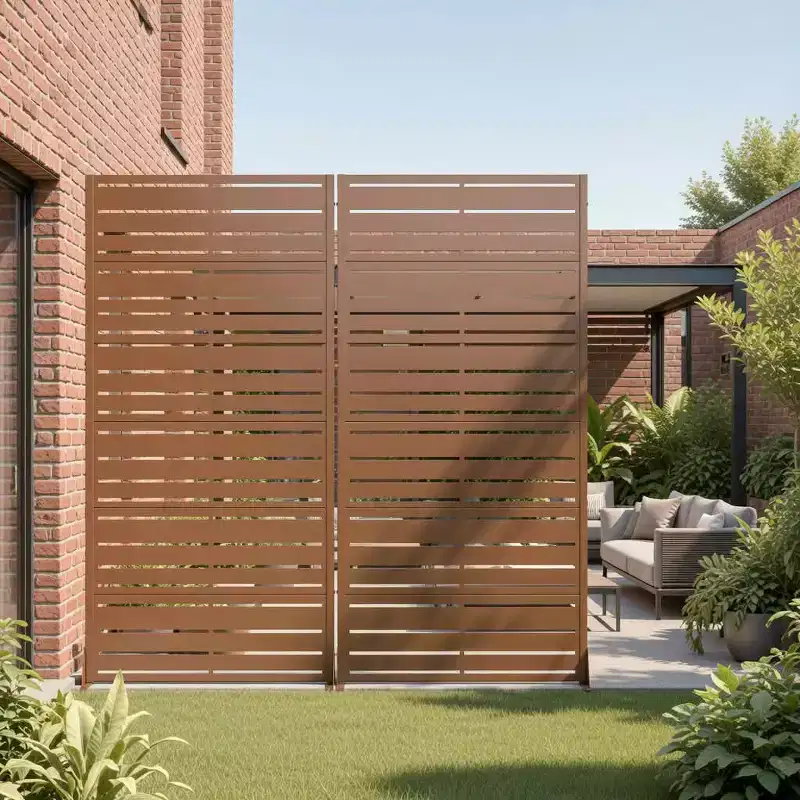 Louvered Room Divider, Double-Sided Privacy Screen, Brown Steel, 72