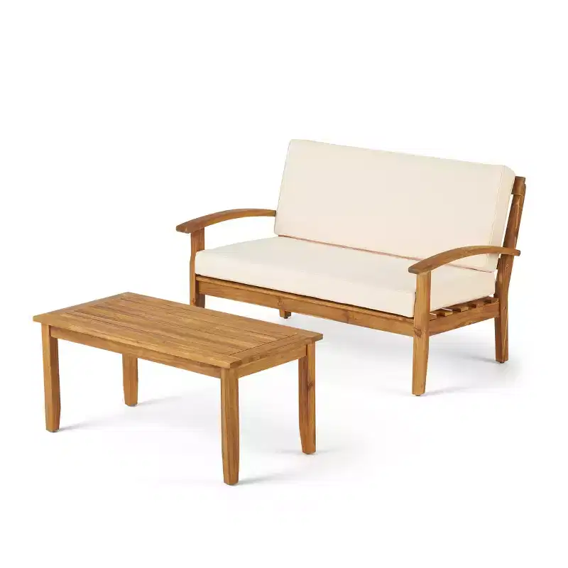 GDFStudio Keanu Outdoor Acacia Wood Loveseat and Coffee Table Set with Cushions