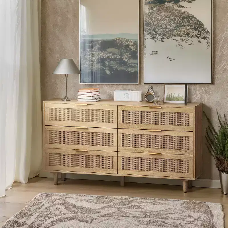 MAYEERTY 6 Drawers Rattan Storage Cabinet for Bedroom Living Room Natural