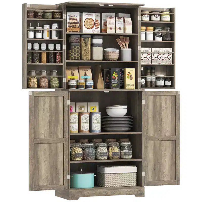72 Farmhouse Kitchen Pantry Cabinet, Tall Storage Cabinet with 4 Barn Doors, 4 Adjustable Shelves, 8 Door Shelves