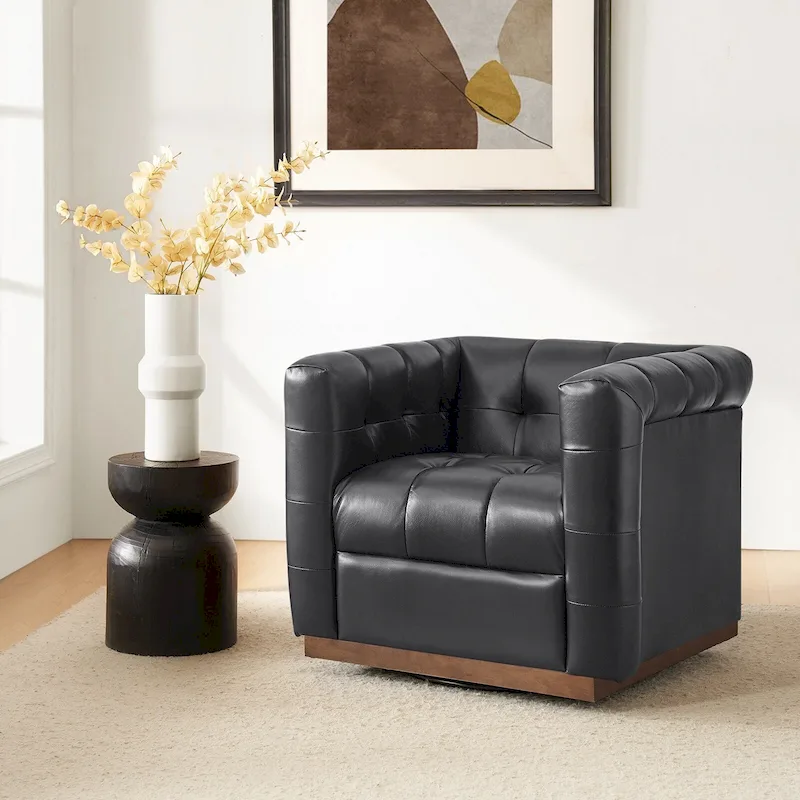 JeremiasMid-certury Modern GenuineLeatherTufted SwivelClubChair with Wooden Apron by HULALA HOME