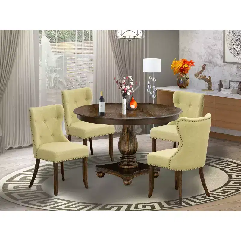 HomeStock 5-Piece Distressed Jacobean Finish Solid Wood Top Dining Table with 4 Parson Chair