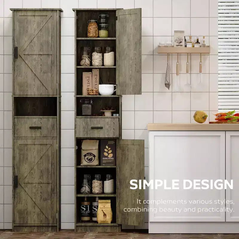 Okak Tall Bathroom Storage Cabinet, 69 Freestanding Cabinet with Adjustable Shelves, Doors & Anti-Tipping Device for Kitchen & Living Room