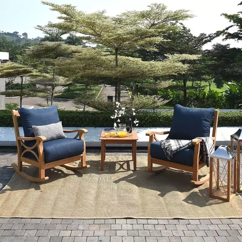 Sonoma Lane Alamo 3pc Teak Outdoor Rocker Conversation Set – Weather-Resistant with Zippered Navy Cushions and Side Table