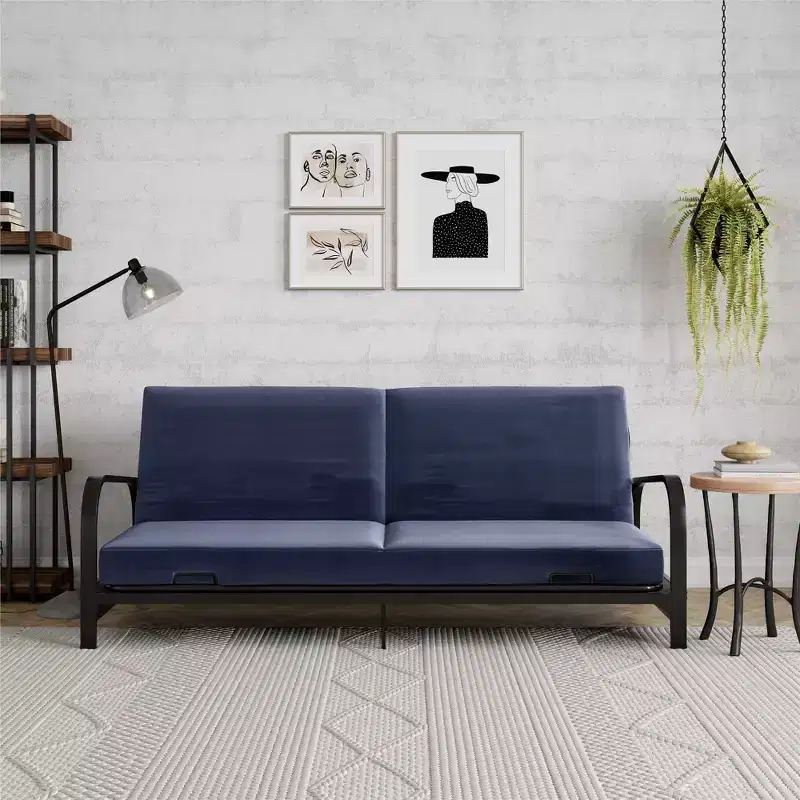 RealRooms Karli Black Metal Arm Futon Frame with 6 Blue Mattress and extra Black Slipcover