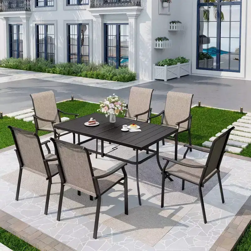 7pc Patio Dining Set with Rectangle Table with 1.57" Umbrella Hole & Sling Arm Chairs - Captiva Designs