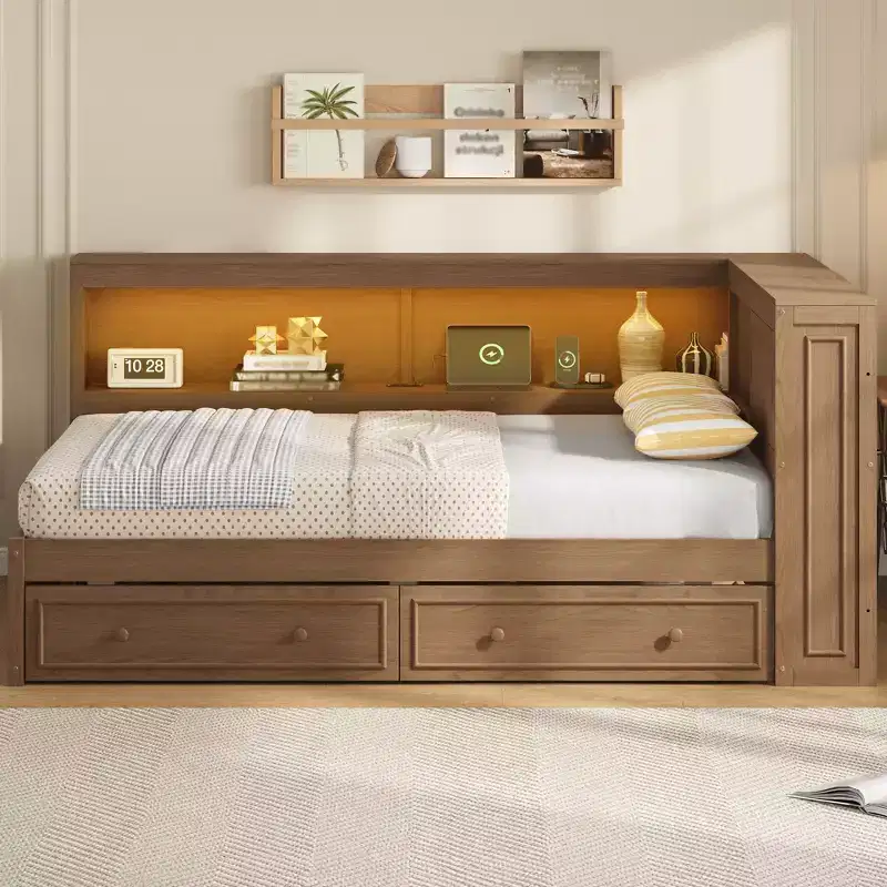 Full Size Wood Daybed with Storage Shelves, USB, LED, and 2 Drawers, Antique Wood Color