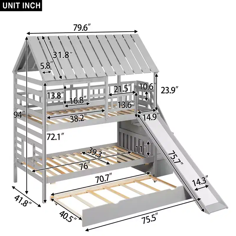 Twin over Twin House Bunk Beds with Slide, Twin Bunk Bed with Storage Stairs and Trundle, Wood Kids Bunk Bed with Roof and Window