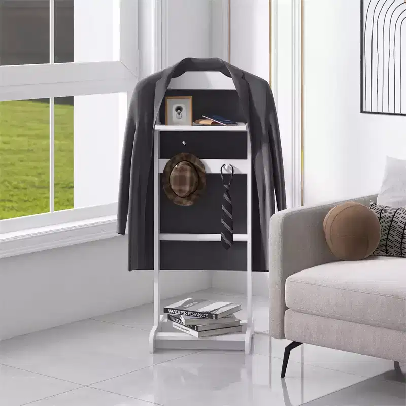 Sturdy and Durable Modern Floor-Standing Clothes Rack With a Wooden Top Tray and Hooks, Suitable For Bedrooms and Entryways.