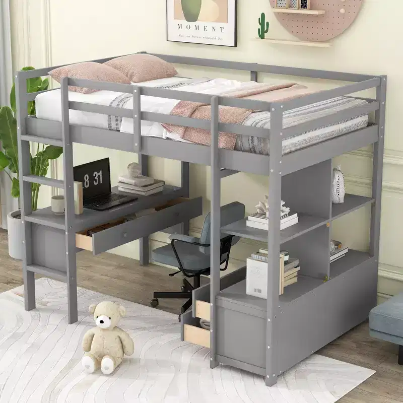Loft Bed with Built-In Desk, Storage Shelves and Drawers