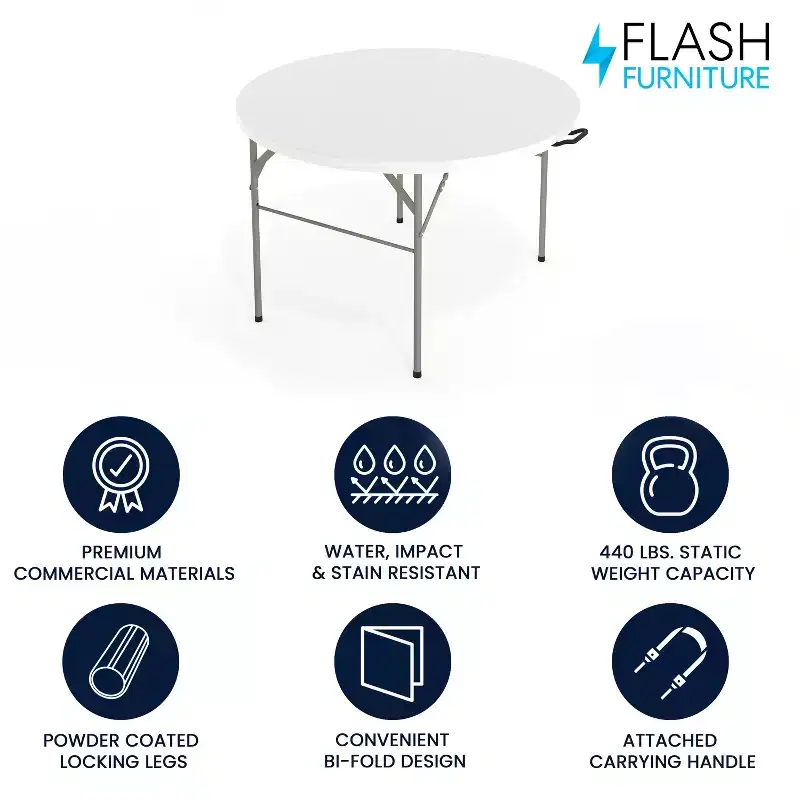 White Round Folding Table, Plastic Top, Seats 4