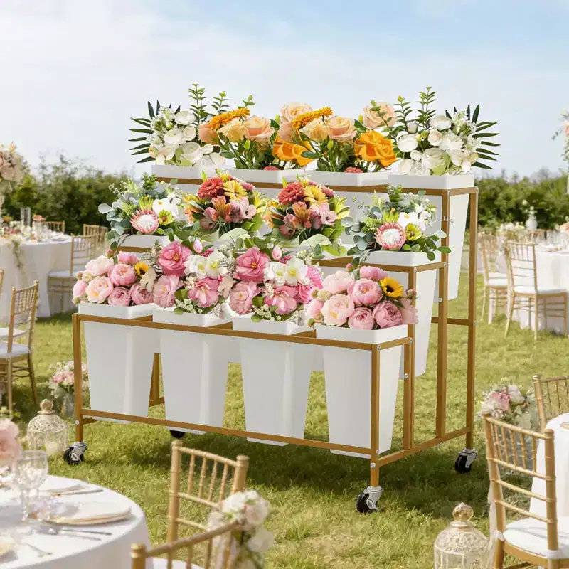 Flower Display Stand,3 Tier Flower Cart with 12 Round Buckets and Wheels, Moving Flower Cart Display Stand for Garden, Wedding, Flower Shop