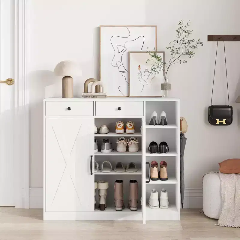 5-Tier Farmhouse Shoe Cabinet with 2 Barn Doors, 4 Cubbies & 7 Adjustable Shelves, White
