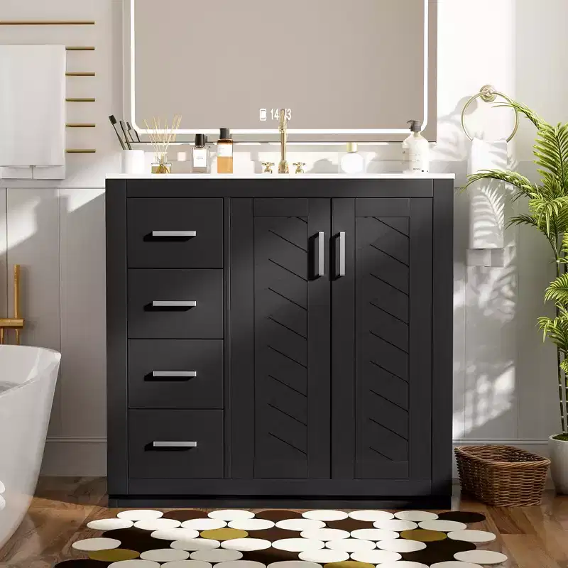 36-Inch Bathroom Vanity with Ceramic Sink, 3 Drawers & Soft-Close Doors - Solid Wood & MDF