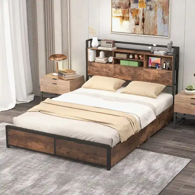 Queen Size Platform Bed with 3-Tier Storage Headboard, 4 Drawers & Charging Station