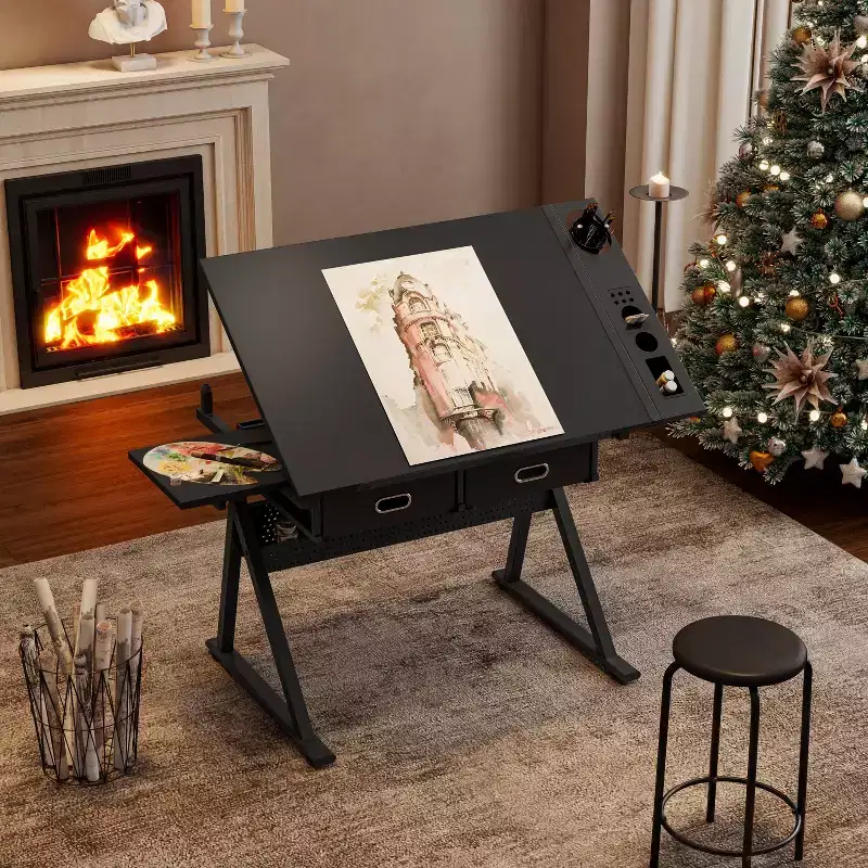 Wooden Adjustable Drawing Drafting Table with 2 Drawers & Shelf,Office & School Drawing Drafting Desk for Adults/Teens