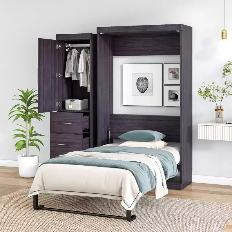 Foldable Wall Bed with Wardrobe and 3 Drawers, Space-Saving Fold-Away Bed Frame for Guest Room Home Office, Gray