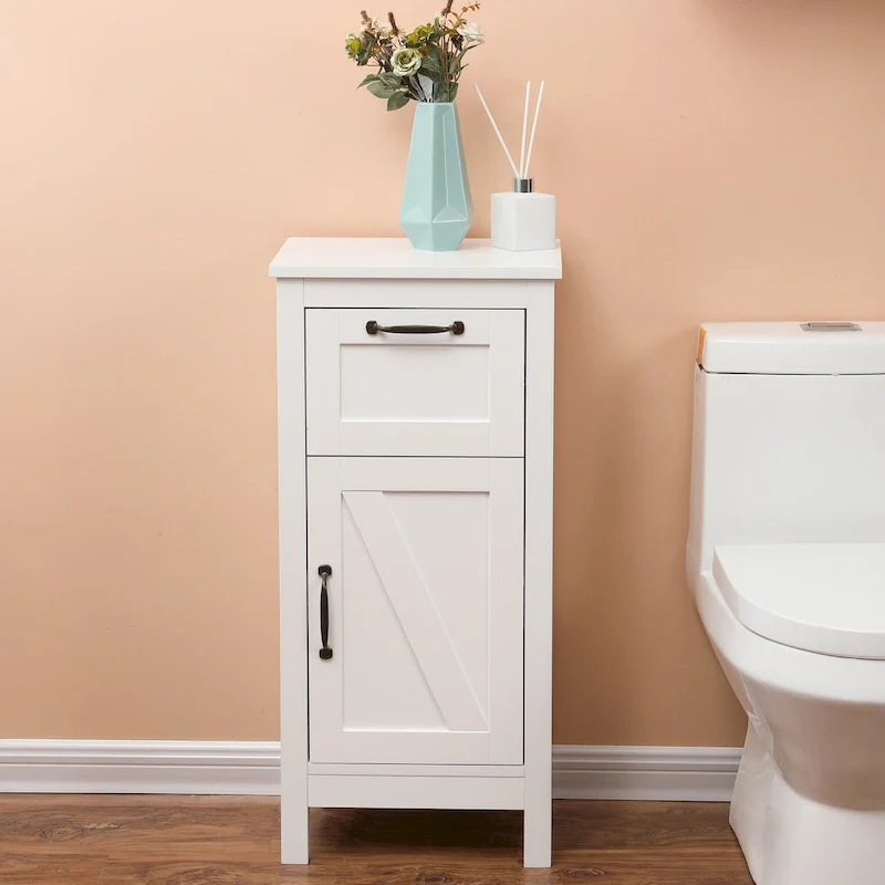 White with Black Hardware MDF Wood 1-Door and 1-Drawer Storage Cabinet - 32.1 H - 32.1 H x 15.1 W x 11.8 D