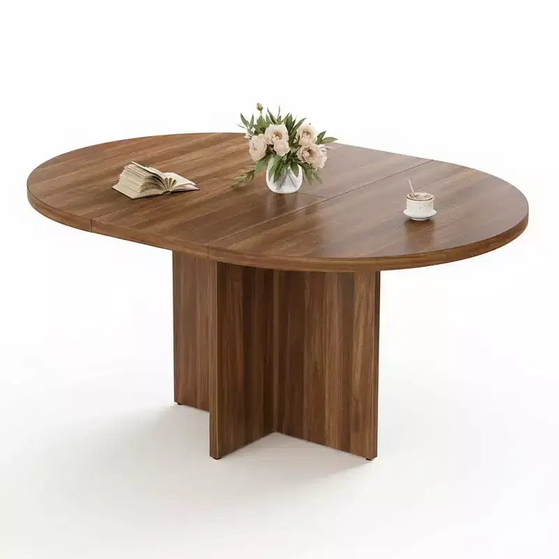 43-59 Inch Round to Oval Extendable Dining Table - Walnut, Seats 4-8, Trestle Base