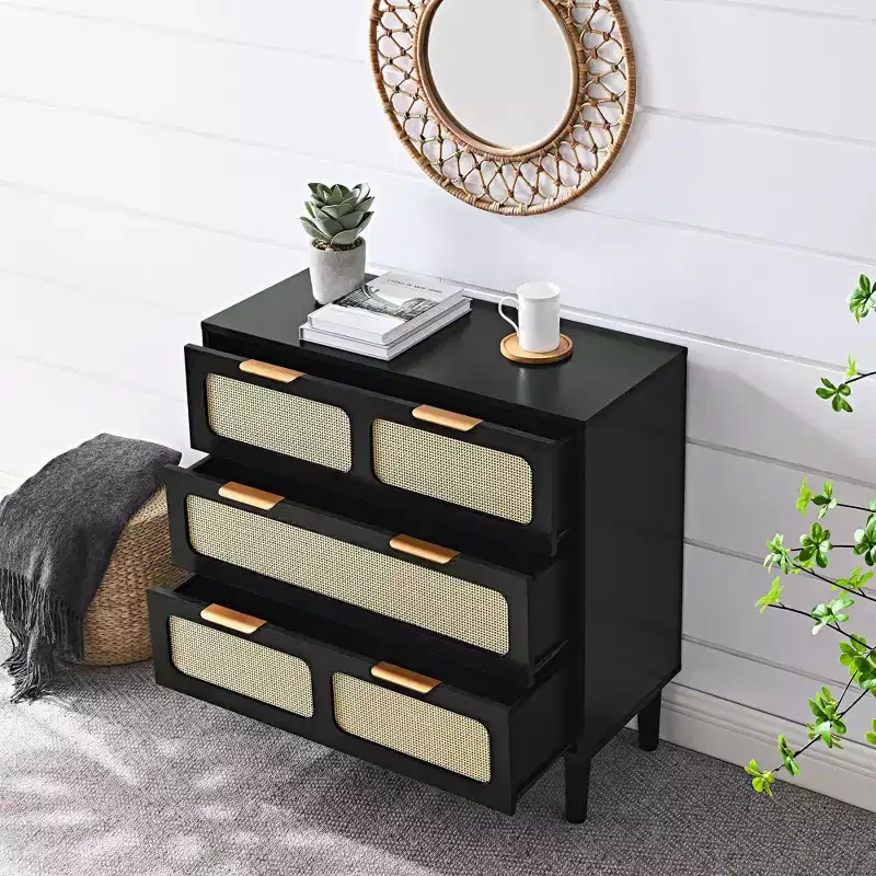 Okak Rustic Dresser for Bedroom with Wide Rattan Drawer, Wooden Chest Closet Storage Cabinet Organizer for Living Room Hallway Entryway