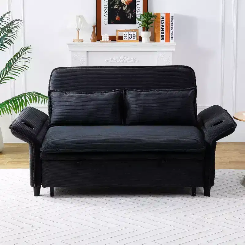 MAYEERTY Black Letter Striped Fabric Multifunctional Loveseat Sofa Bed for Bedroom Living Room