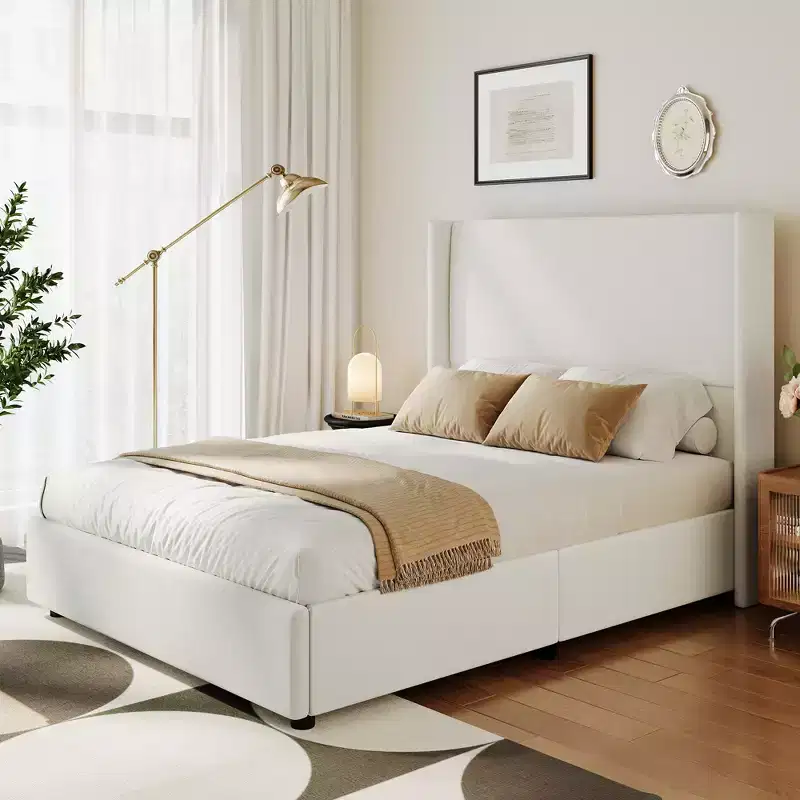 Queen Size Wingback Headboard Upholstered Platform Bed - 55.5 Tall, Solid Wooden Slats, No Box Spring Needed, Noise-Free Foundation