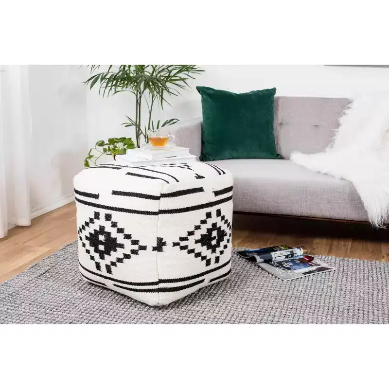 Black/White Geometric Pouf, Hand-Crafted, Square, Wool & Cotton