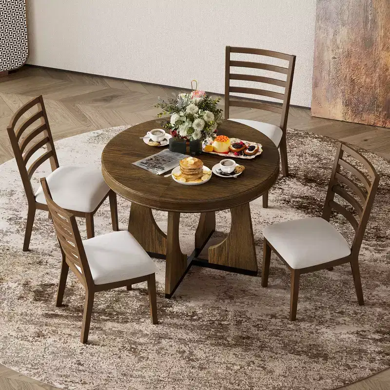 Whisen 5-Piece Retro Rustic Functional Dining Set with 1 Extendable Table and 4 Upholstered Chairs