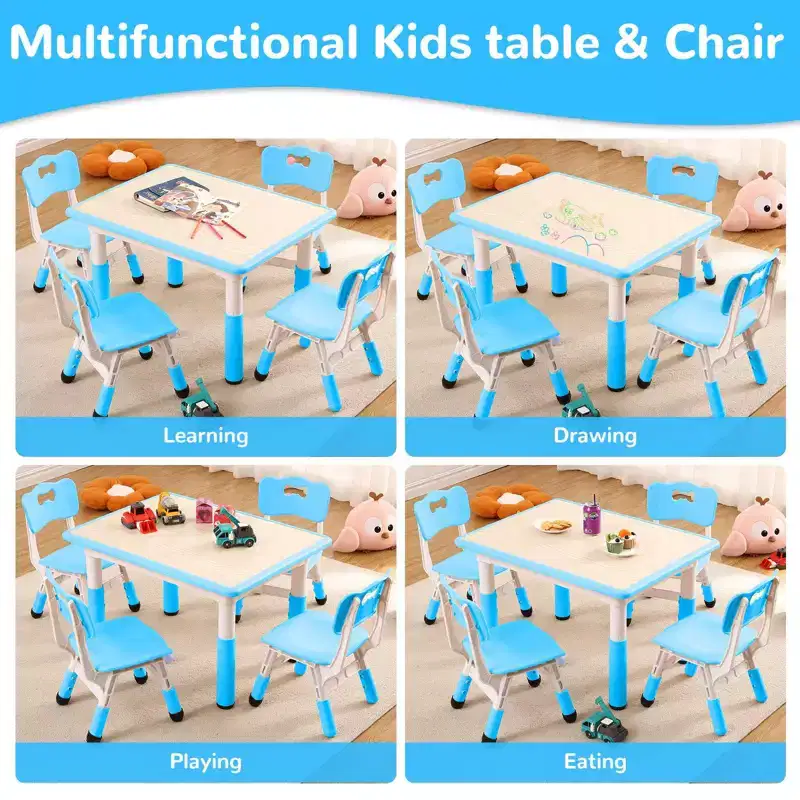 Kids Table and 4 Chairs Set  Height Adjustable Children Study Desk with Chairs, Non-Slip Legs & Erasable Graffiti Desktop, Preschool Activity Art