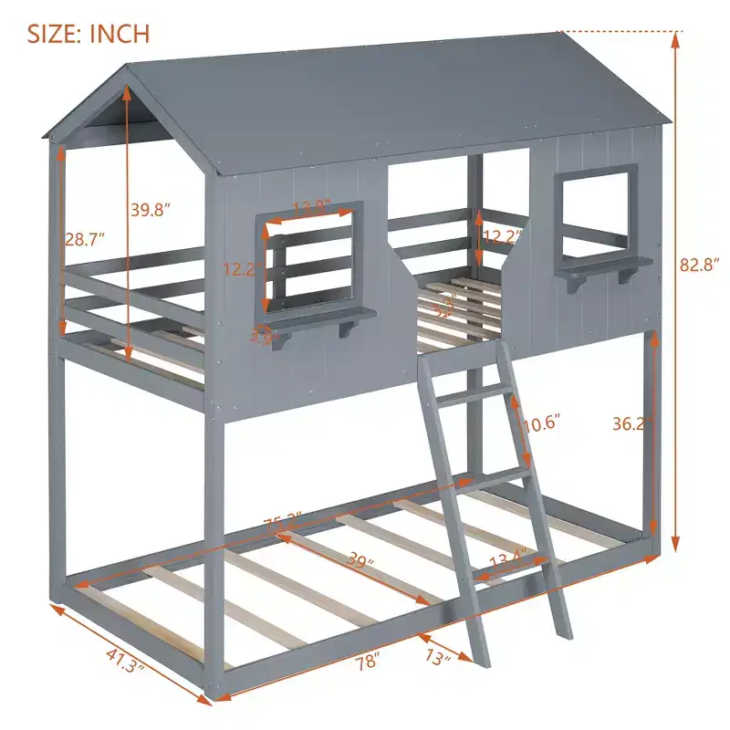 Twin over Twin House Bunk Bed with Roof and Window, Wood Floor Bunk Bed Frame with Guardrail Ladder for Kids Teens