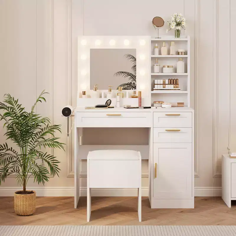 TROPOW Vanity Desk with Mirror and Lights, Makeup Vanity Set with Drawers & Cabinet & Chair, 3 Light Mode and Brightness Adjusted
