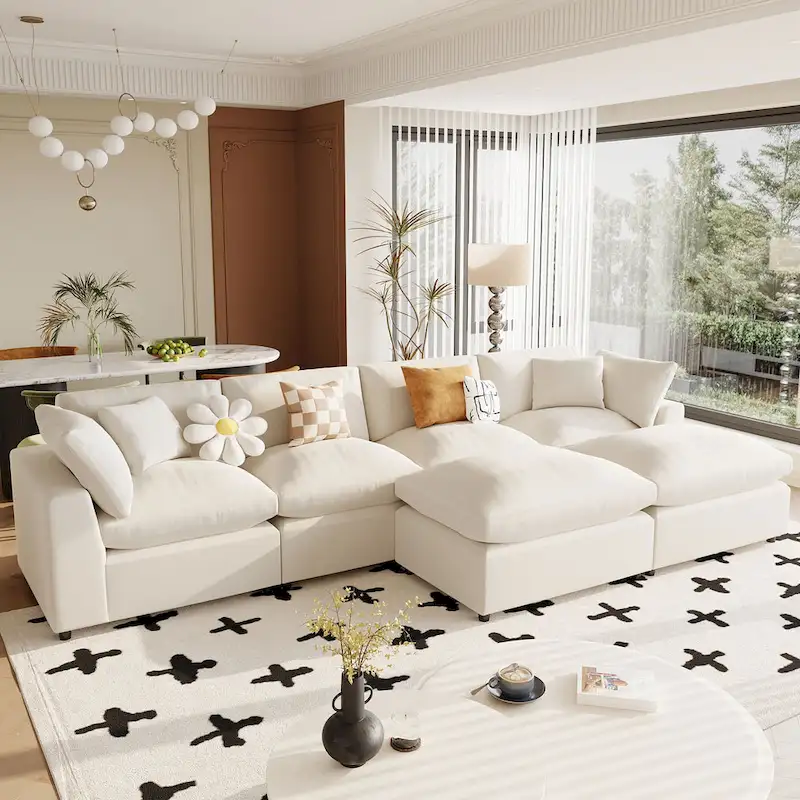 Beige 134.40 Modern U-Shaped 6 Seater Sectional Sofa with 2 Large Chaises, Removable Ottomans and Soft Cushions