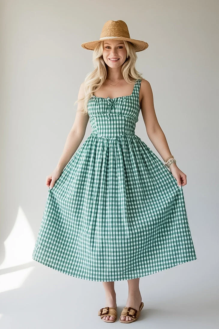 Green Gingham Sweetheart Midi Dress