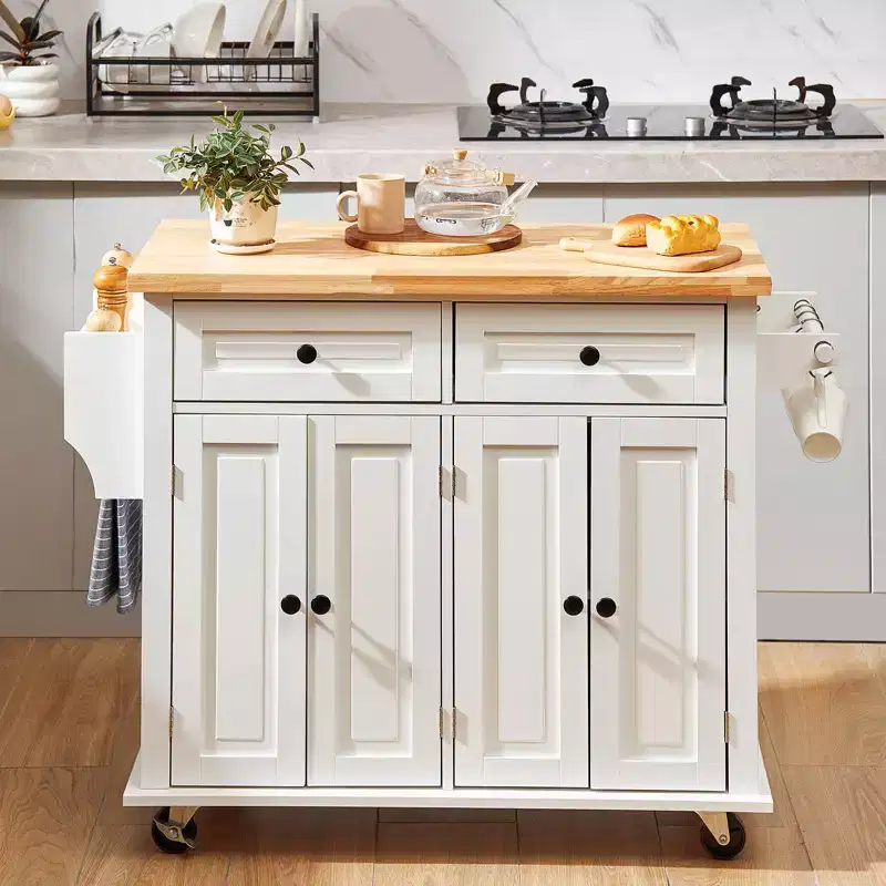 VEVOR Kitchen Island Cart with Solid Wood Top, 35.4 Width Mobile Carts with Storage Cabinet, Rolling Kitchen Table with Spice Rack, White
